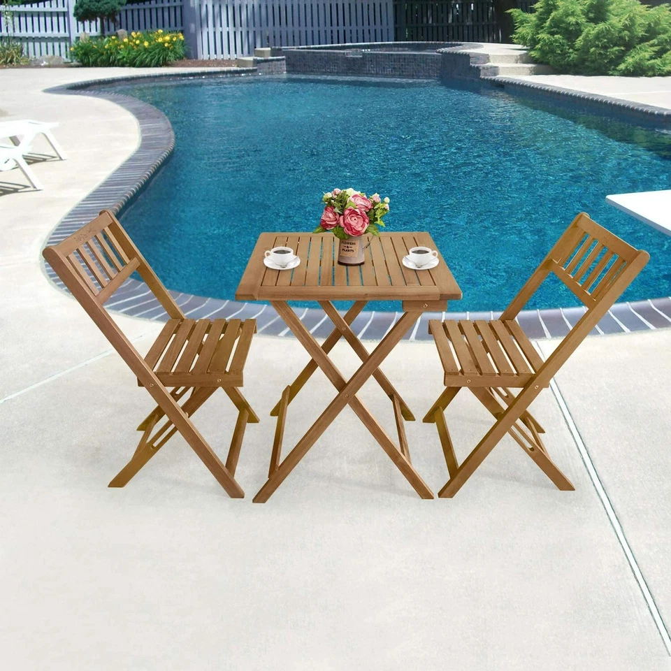 3-Piece Acacia Wood Folding Patio Bistro Table and Chairs Set, Natural Oiled - Image 3 of 4