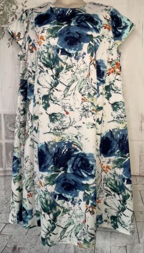 Jemma Womens Cream Blue Floral Cap Sleeve Shift  Scuba Dress Plus Sz. 1X USED  - Picture 1 of 8