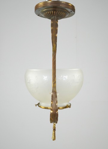 Antike französische Pendelleuchte aus Bronze & geätztem Glas - Bild 8 von 14