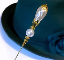 HATPIN with Stunning Baroque TEAR FAUX PEARL on Brass Finish Setting - 8 inch