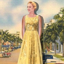 Vintage 1950s Tea Dress Chiffon Yellow Roses Shelf Bust Size Small Wedding Prom