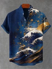 Japanese Ukiyo-e Great Wave Henley Shirt Short Sleeve Linen Cotton Casual
