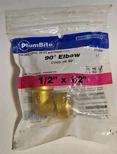 Jones Stephens C77431LF 1/2" x 1/2" FPT PlumBite Push On 90° Brass Female Elbow - Picture 1 of 3