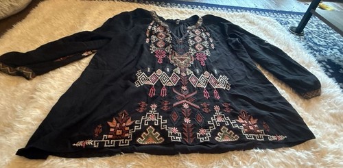 Johnny Was Workshop Black Embroidered Boho Tunic Blouse