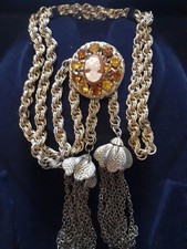 Vintage Cameo Style Adjustable Tassels Gold Tone Necklace 36" Amber Rhinestones