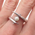 925 Sterling Silver Vintage Real Pearl Modernist Bypass Oxidized Ring Size 6.75