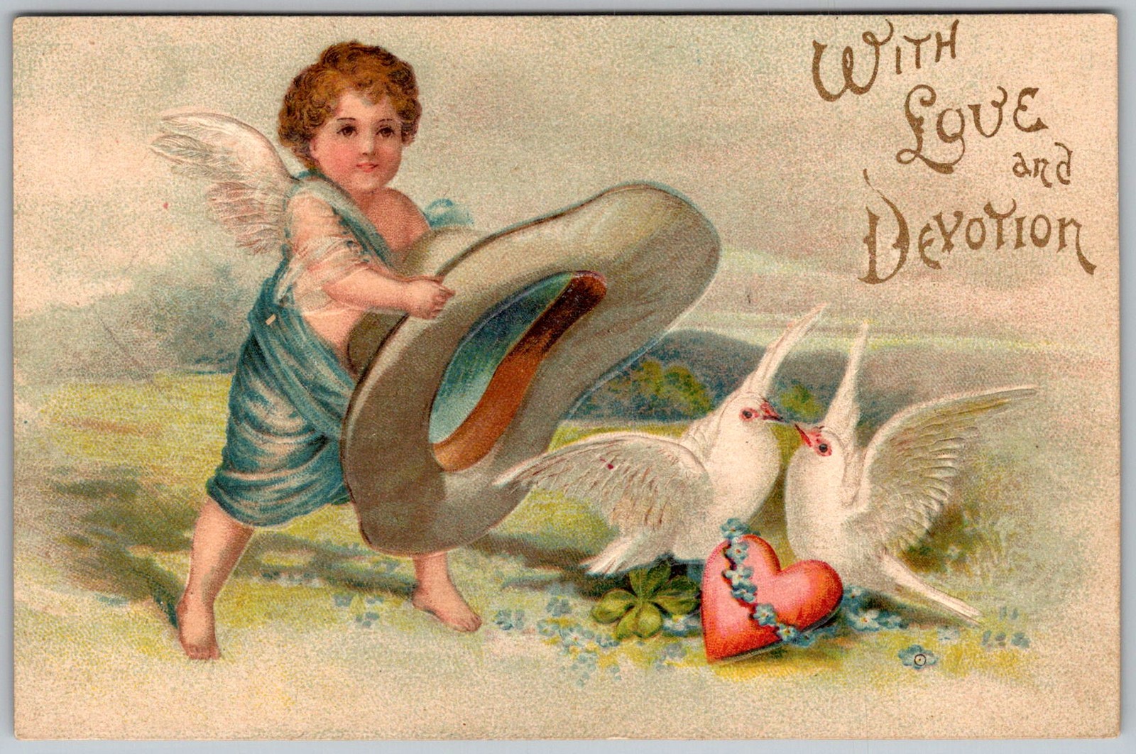 Antique Postcard Cherub Angel Doves Heart 1910s