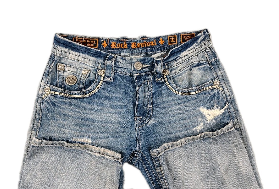 Rock Revival Distressed Darnell Western Bootcut Jeans Embroidered Mens 32X32 View 3