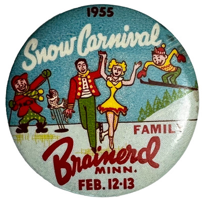 1955 Brainerd MN Winter Carnival Skating Ice Fishing 2.25'' Celluloid Pinback