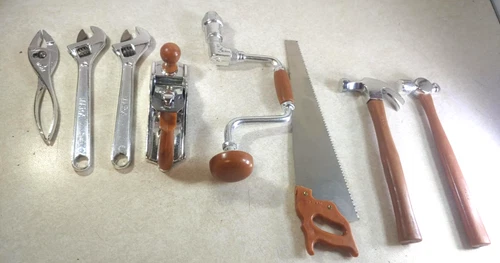 marx toy tool lot vintage plane, wrenches, brace, saw, ball peen hammer, claw