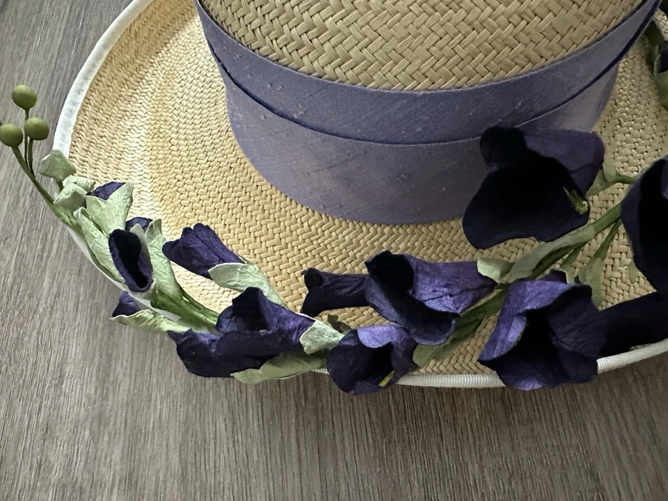 Sombrero Derby Vintage Herald & Heart Hatters London Diseñador Borde de Seda Flores de Paja Foto 3 de 4