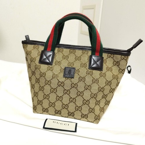 GUCCI Hand bag Tote Bag pouch PVC Leather Brown Sherry Line GG Condition good