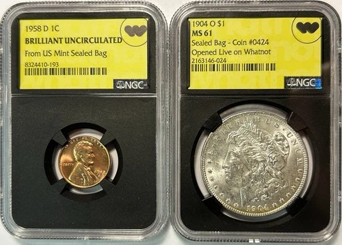 1904-O $1 Morgan Silver Dollar NGC MS61 + 1958-D BU Lincoln Cent Whatnot Labels