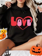 Women's  Unisex Love Print Hooded Sweater - Soft Pink  Red Heart Lettering, Co