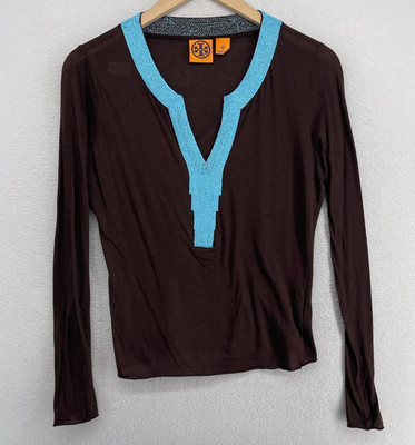 TORY BURCH Top XS Beaded Neckline Split Neck Long Sleeve Jersey Cotton Brown VTG