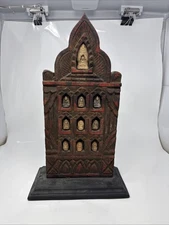 19th Century Thai Rattanokosin Wood Votive Plaque With Pottery Buddha Releifs
