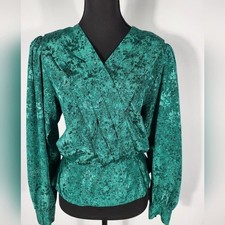 Nicola Vintage Green Black Abstract Print Wrap Front Back Button Blouse Size 6