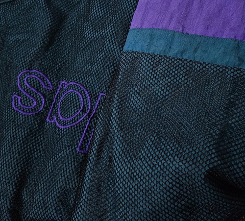 Adidas Puffer Jacket Black Purple Green Mens XL Vintage Trefoil Mesh LayerTrack - Picture 9 of 11
