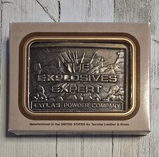 New Vintage 80s Atlas Powder Co Belt Buckle Texoma Leather Brass USA Explosives