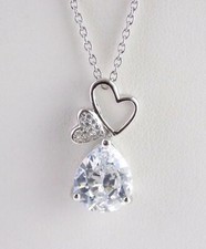 Sterling Silver White Cubic Zirconia Teardrop and Hearts Pendant Necklace 925 CZ