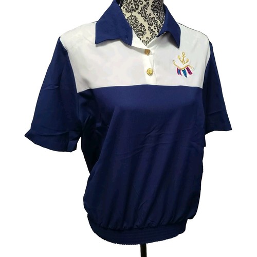 Nikki Boat Top Size M Anchor Nautical Gold Buttons Navy Blue Seersucker New - Picture 14 of 17