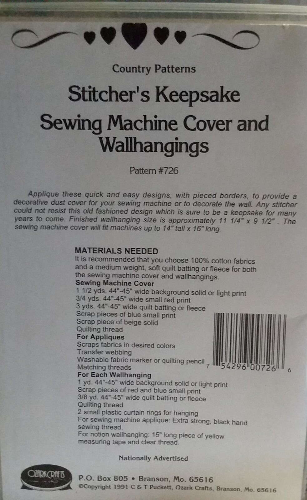 Stitcher's Keepsake Country Patterns Bagged Sewing Pattern New in