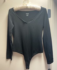 Victoria s Secret Pink Logo Long Sleeve Round Split Neck Bodysuit Black Size M