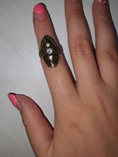 Vintage Sterling Silver Gold Vermeil Ladies Filigree Rhinestone Signed Ring K694