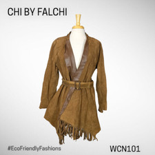 Chi By Falchi Vintage Women's Brown Belted Suede Leather Western Fringe Coat