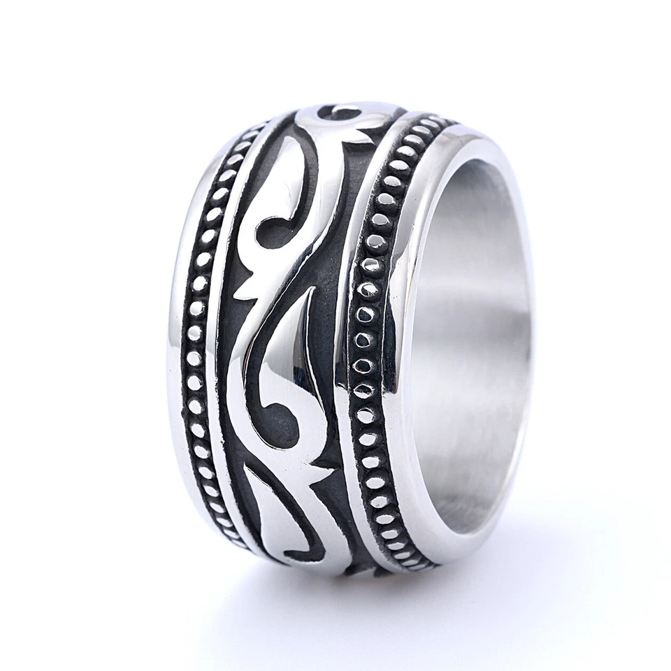 Vintage 14mm Big Wedding Bands Flower Vine Ring Stainless Steel Men's Heavy Band - Image 4 of 4