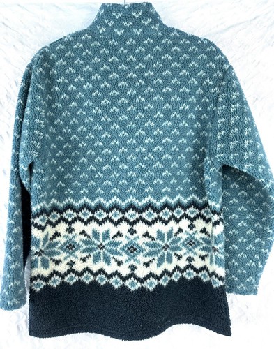 Vintage Lavon Fleece Pullover 1/4 Reißverschluss Schneeflockendruck Made in USA Größe L/XL blaugrün - Bild 6 von 13