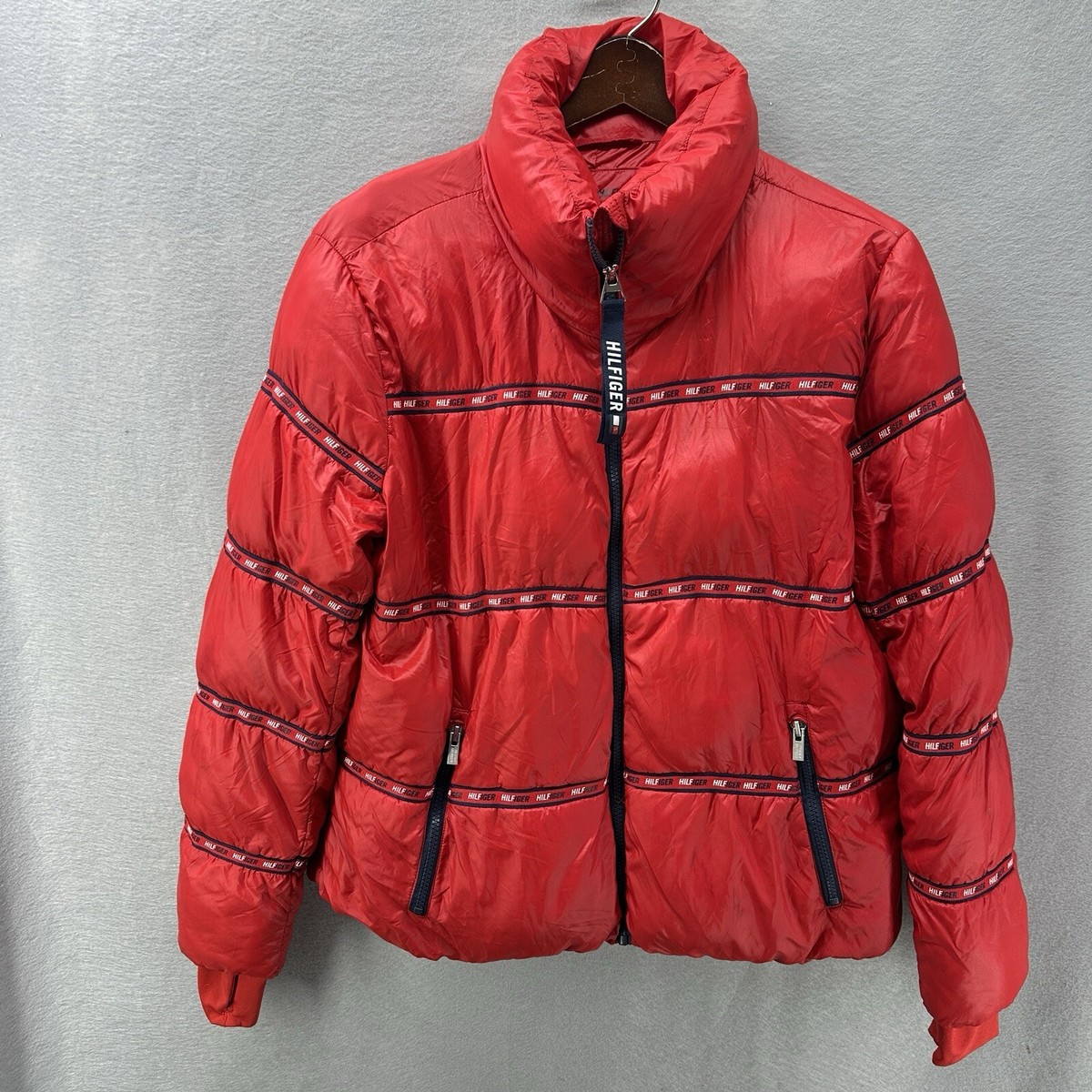 Vintage y2k Tommy Hilfiger Jacket Womens Large Red Puffer Coat Y2K 