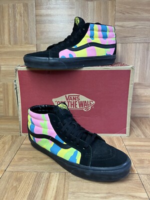 RARE  Sz 10 - VANS Sk8-Mid Neon Camo Drip Black Suede Men's Skateboarding Shoe