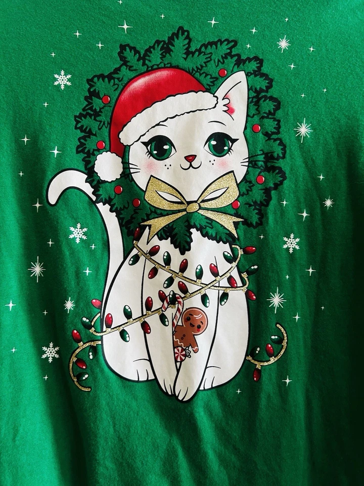 Children’s Place Girls Toddler Kitten Christmas  Green T Shirt Size L/G 10/12 Foto 3 de 4