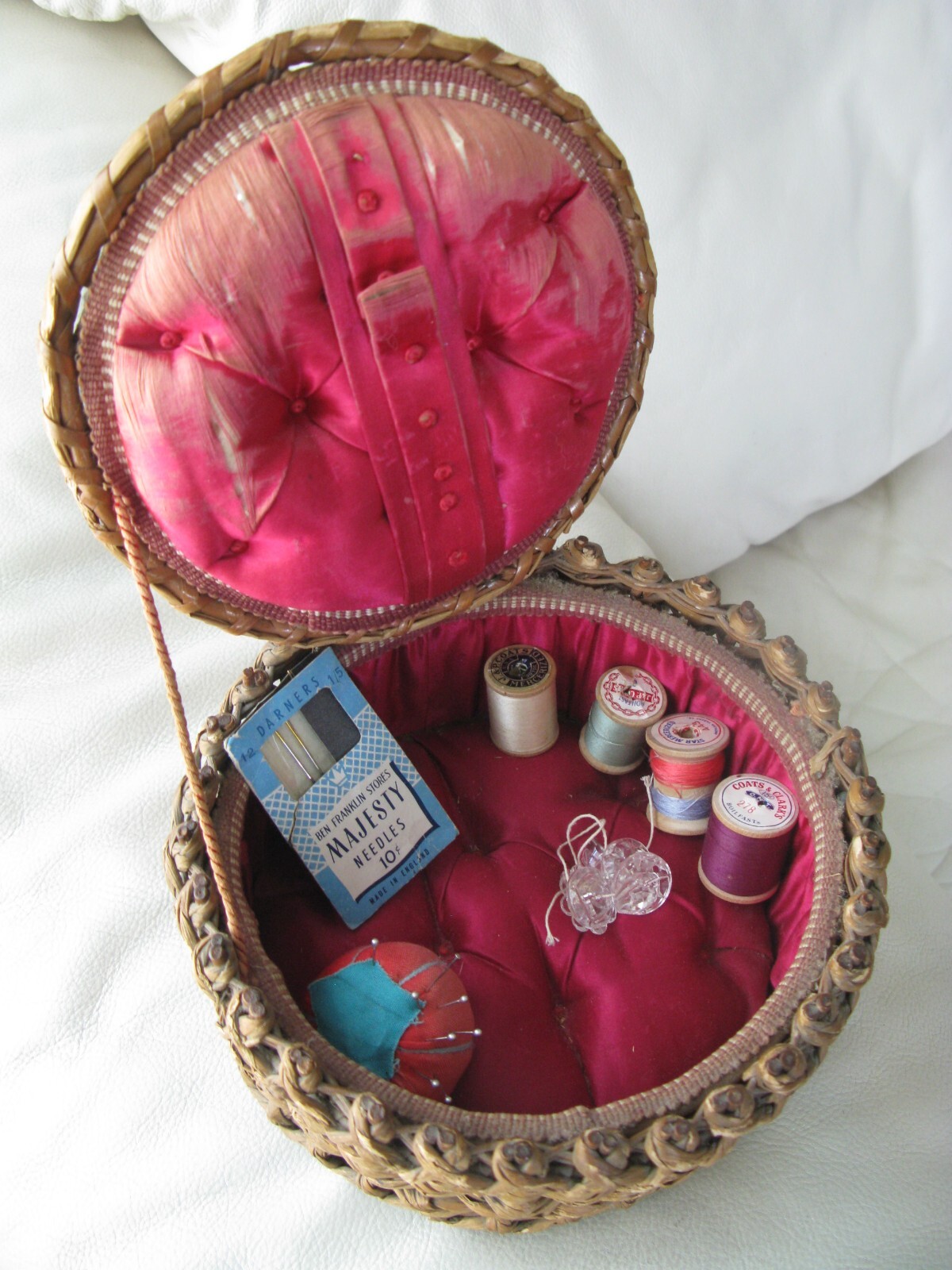 Antique Handmade Primitive Red Silk Lined Pin Cushion Lidded Sewing