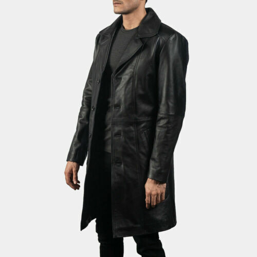 Men's Leather Trench Coat Genuine Lambskin Black Long Winter Jacket Coat - Picture 3 of 6