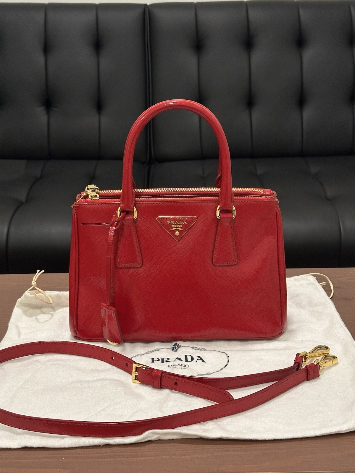 Prada Galleria Small Red Saffiano Leather Double Zip Top Handle Bag
