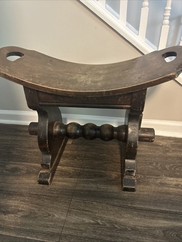 Antique Wood Stool With Curved Seat Art Deco Accents - Picture 6 of 6