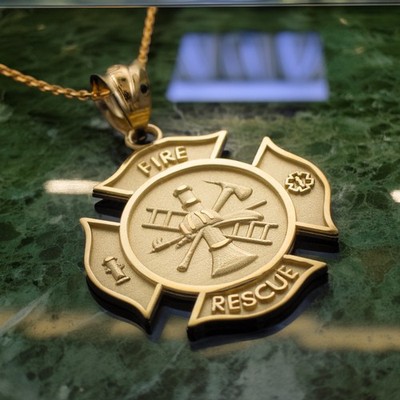 Gold Firefighter Maltese Cross Fire Rescue Badge Pendant Necklace 10K 14K