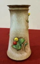 VTG Trico Nagoya Japan Hand Painted Ceramic Vase with Applied Leaves & Fruit 7”