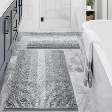 Grey Bathroom Rug Set 2 Piece Chenille Non Slip Bath Mat Absorbent Shower