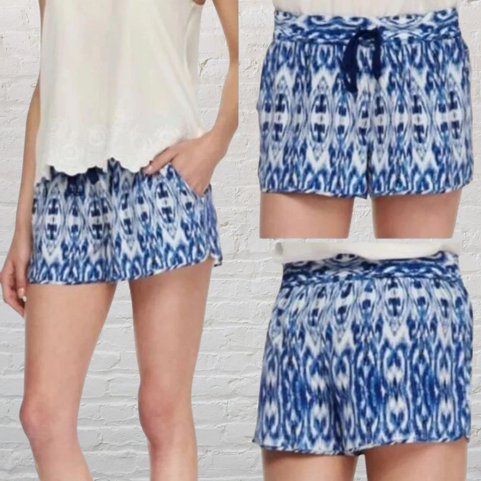 Pantalones Cortos de Seda Joie Layana Talla L Azul Blanco Estampado Ikat Bolsillos con Cordón Usados en Excelente Condición Foto 3 de 4