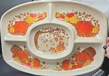Vintage Oval Molded Plastic Fall Pumpkin Autumn Platter L. Argiroff 19x13" USA 