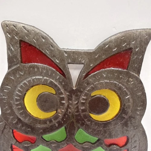 VTG MCM Cast Iron & Stain Glass Owl Trivet 60-70s  Kitschy Decor image 3