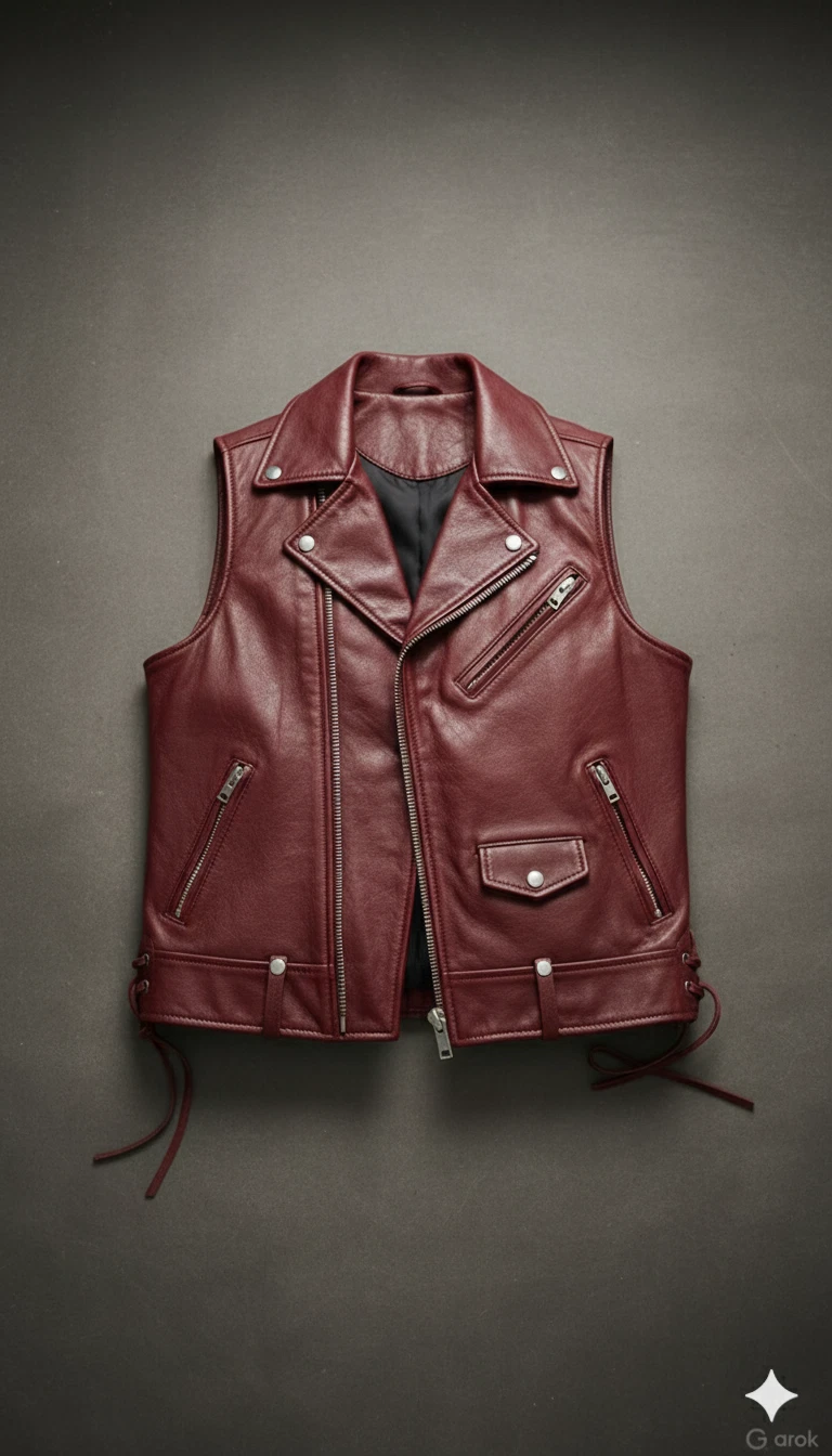 Men's Maroon Leather Biker Vest Sleeveless Motorcycle Jacket Waistcoat XXS,3XL