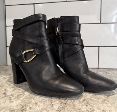 Ralph Lauren Black Heeled Ankle Boots with Gold Buckle 8.5