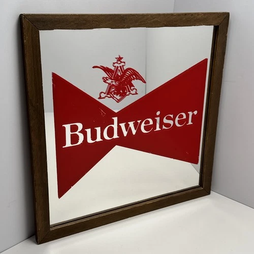 Vtg 70s 80s Budweiser Beer Anheuser Busch Carnival Framed Mirror Bar Sign 13x13”