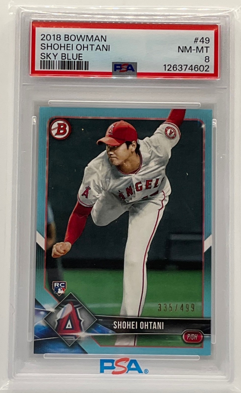 2018 Bowman Shohei Ohtani Sky Blue /499 #49 RC Los Angeles Angels PSA 8
