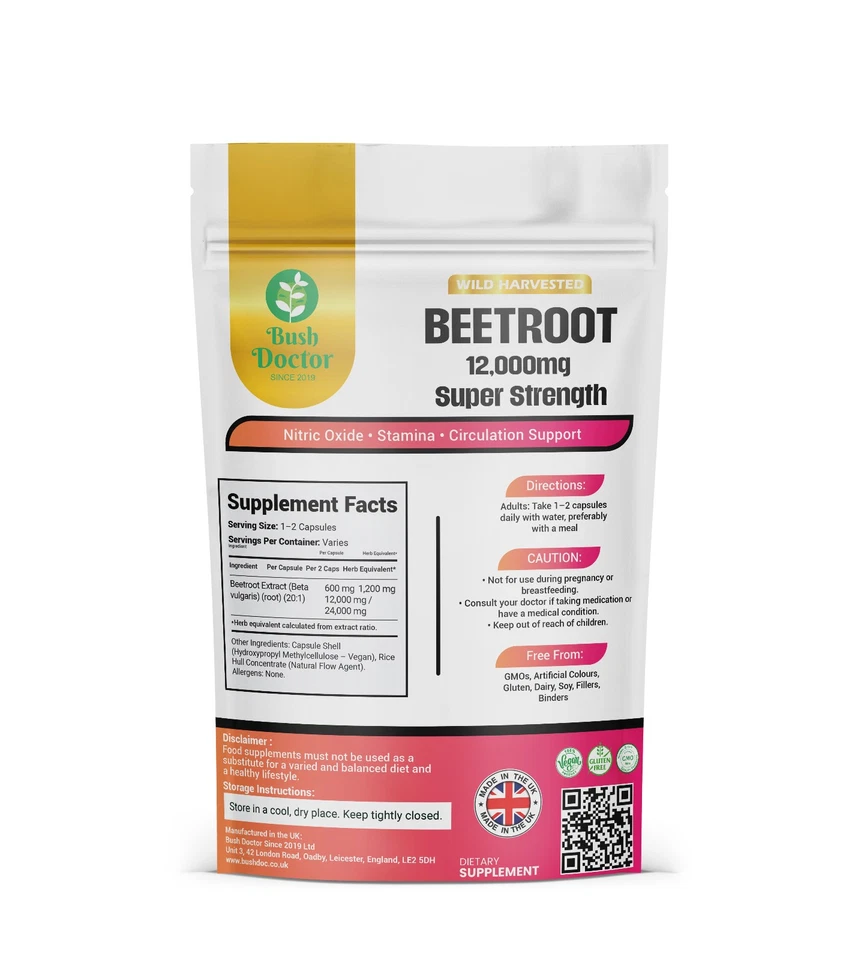 BUSH DOCTOR Beetroot Extract Capsules 12,000 mg | 20:1 Super Strength | 100% Pure Vegan | UK