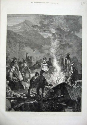 Alter antiker Druck 1875 Mittsommerabend Lagerfeuer Bayerisches Hochland Schottland 19.